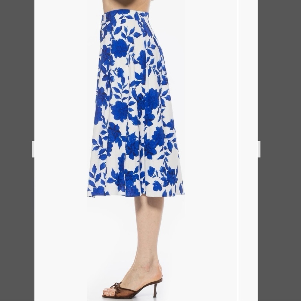 Alexia Admor Maya Linen Blend Midi Skirt in Blue Floral Size 8 - Picture 3 of 4